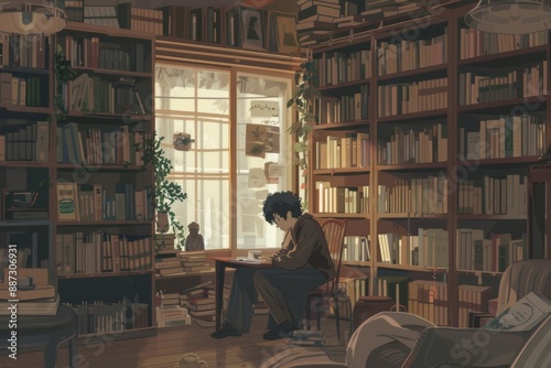 A cozy nook in a vintage bookstore with shelves dedicated to local history. A person writes, surrounded by stories of th, Generative AI