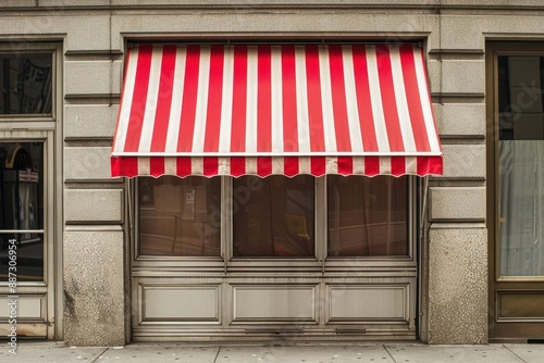 A classic red and white striped awning shades a storefront window.