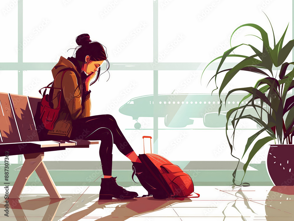Obraz premium Sad woman at the airport vector white background 253 woman, beach, people, travel, summer, sea, person, fashion, chair, bag, water, vacation, beauty, sand, vintage, holiday, walking, retro, suitcase,