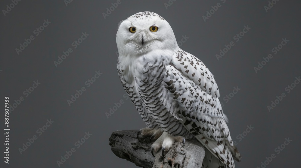Snowy Owl Perched in Front of Gray Background Snowy Owl Perched in Front of Gray Background
