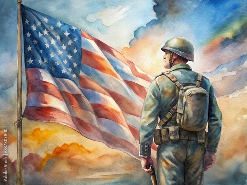 a soldier in full military gear, standing with their back to the camera, looking towards a large American flag