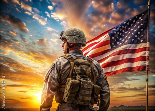 Soldier in the United States of America flag on sunset background.