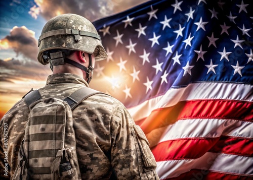 Soldier in the United States of America flag background. American military concept