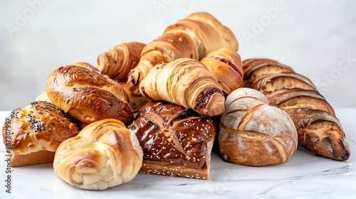 A variety of breads and pastries on a marble table. The breads include baguettes, croissants, and boules. Pastries include Danishes and bear claws.