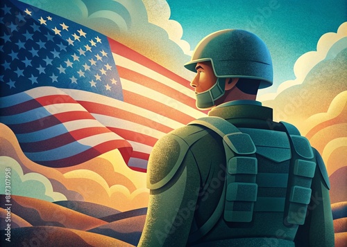 American soldier with american flag in the background. 3d illustration