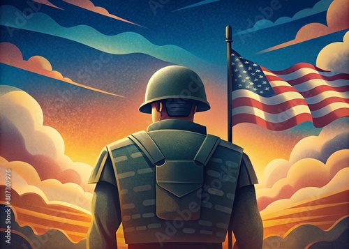 American soldier with american flag in the sky