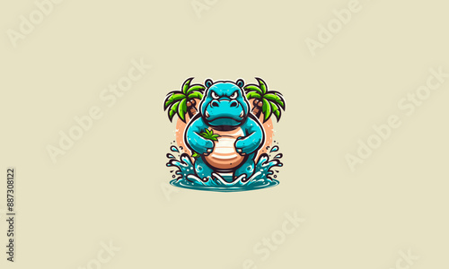 hippo angry with palm on beach vector logo design