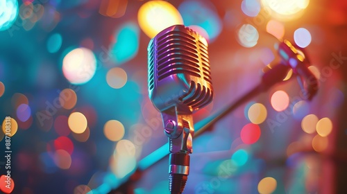 A close-up of a vintage microphone with a colorful blurred background.