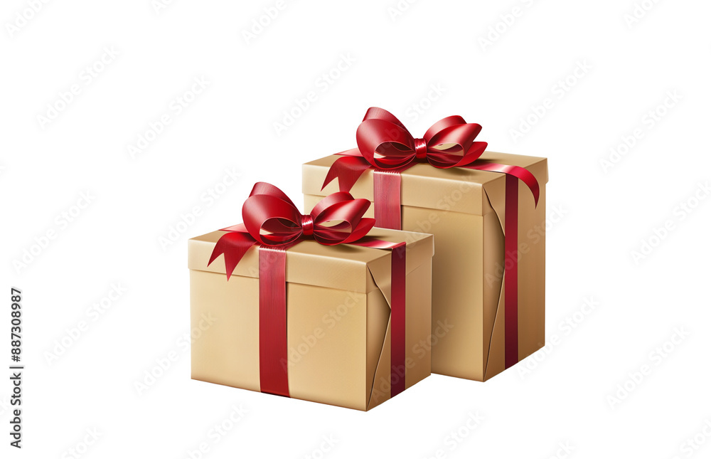Obraz premium Gift boxes wrapped in gold and red ribbons. Isolated on transparent background.