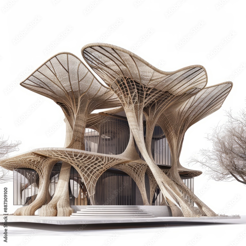 Obraz premium 3D Render of an Organic Community Center with Treehouse-Like Design and Open Spaces, on isolated white background, Generative AI