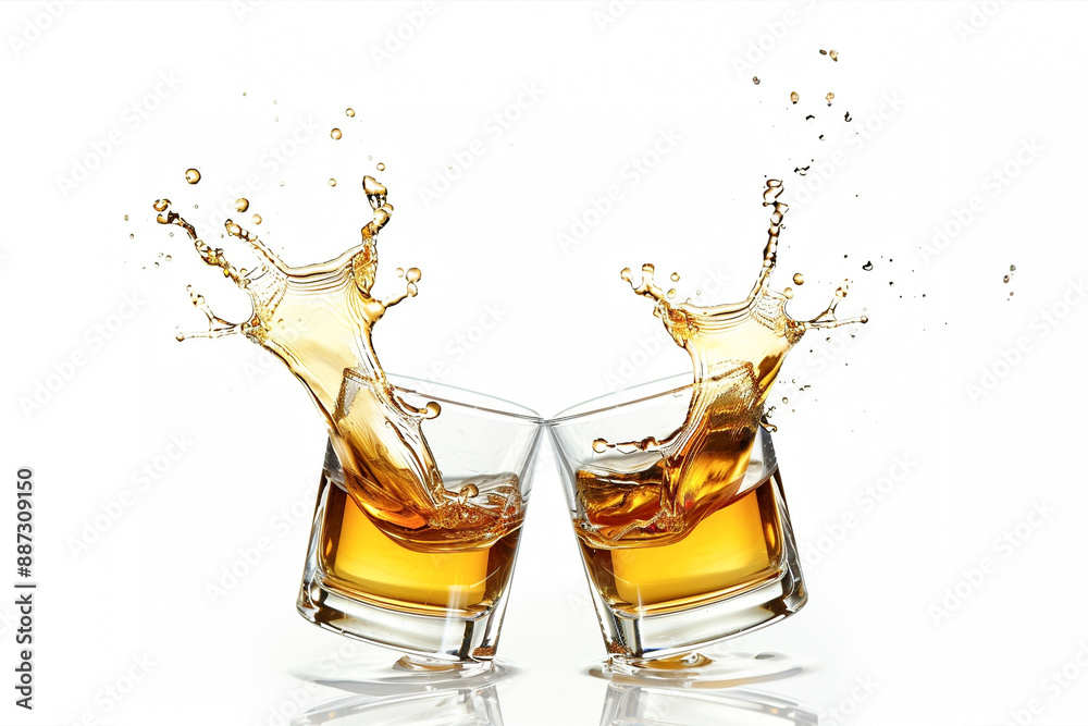 Two glasses of alcoholic drink toasting, on white background