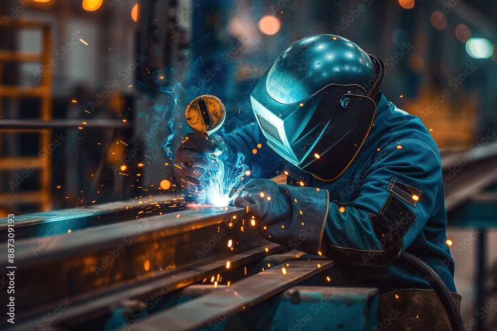A man in a blue jacket is welding metal A man in a blue jacket is welding metal