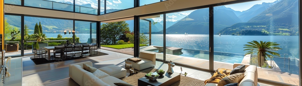Fototapeta premium Design a modern living room with floor-to-ceiling windows overlooking a lake