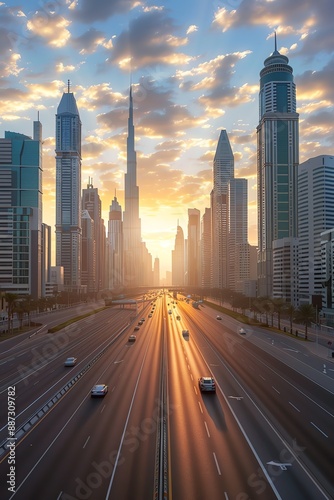 A wide shot of a busy highway in the city with the sun rising in the background.