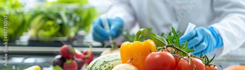 A worker wearing blue gloves inspects a variety of fresh produce including bell peppers, tomatoes, and zucchini. photo