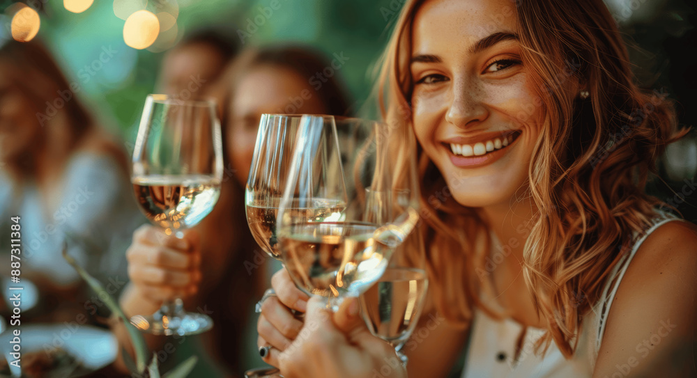 Happy Friends Having Fun Outdoor Clinking Glasses At Backyard Dinner Party In Vineyard Garden Summer Day Happy Friends Having Fun Outdoor Clinking Glasses At Backyard Dinner Party In Vineyard Garden Summer Day