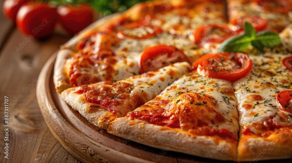Delicious cheese pizza with fresh tomato slices and herbs on a wooden platter, perfect for food photography or menu design. Delicious cheese pizza with fresh tomato slices and herbs on a wooden platter, perfect for food photography or menu design.