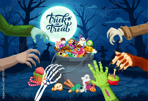 Halloween monster hands and sweets bucket on midnight holiday cemetery. Fall horror holiday, Halloween season vector banner with werewolf, zombie, vampire and skeleton hands, candies in cauldron