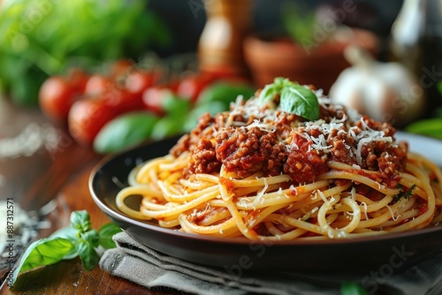 Spaghetti Bolognese on a plate, neck shot, dark wooden background, Italian kitchen and ingredients, food photography, detailed sharp focus, depth of field lens
