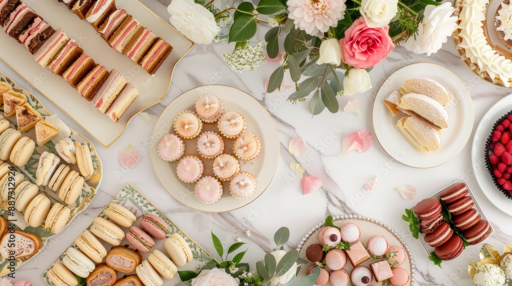 An overhead shot of a dessert spread with an assortment of pastries, cakes, and macarons, beautifully arranged on elegant plates with floral decorations