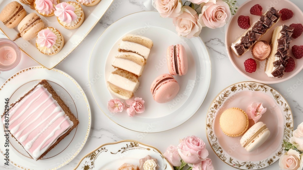 An overhead shot of a dessert spread with an assortment of pastries, cakes, and macarons, beautifully arranged on elegant plates with floral decorations An overhead shot of a dessert spread with an assortment of pastries, cakes, and macarons, beautifully arranged on elegant plates with floral decorations