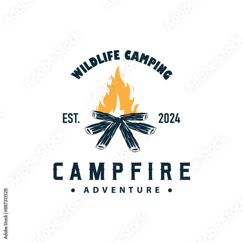 Design wood and fire, logo campfire bonfire vector camping adventure vintage illustration