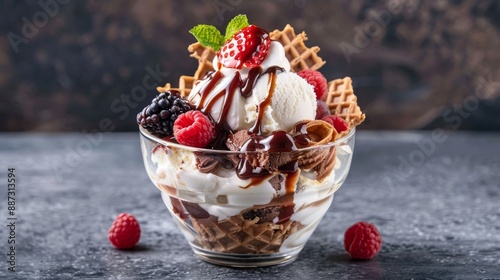 Close-up of a decadent non-dairy ice cream sundae with various toppings, beautifully presented on a dark backdrop photo