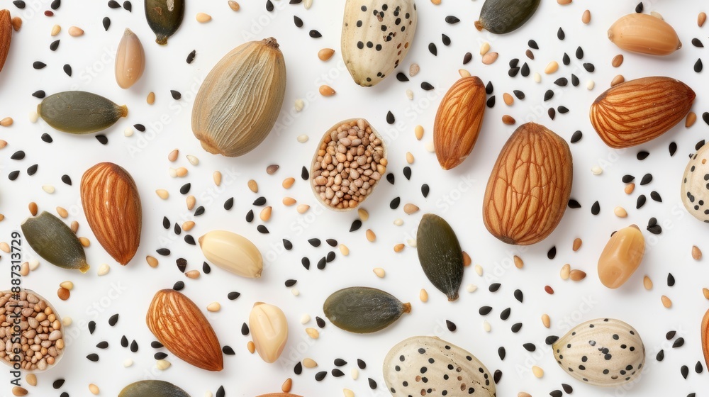 Close-up top view of various seeds scattered on a white surface, creating a visually appealing contrast with their different textures and colors Close-up top view of various seeds scattered on a white surface, creating a visually appealing contrast with their different textures and colors