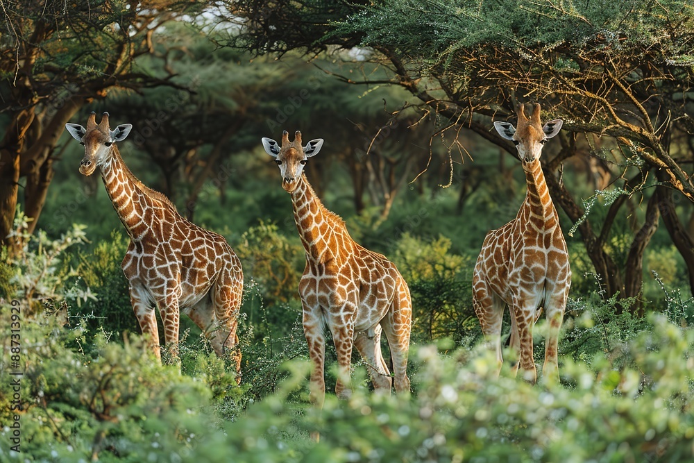 Obraz premium Three giraffes standing in a green forest