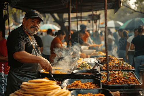 Street Vendor in Mexico City Cooking Tacos al Pastor with Locals and Tourists Enjoying Authentic Street Food photo