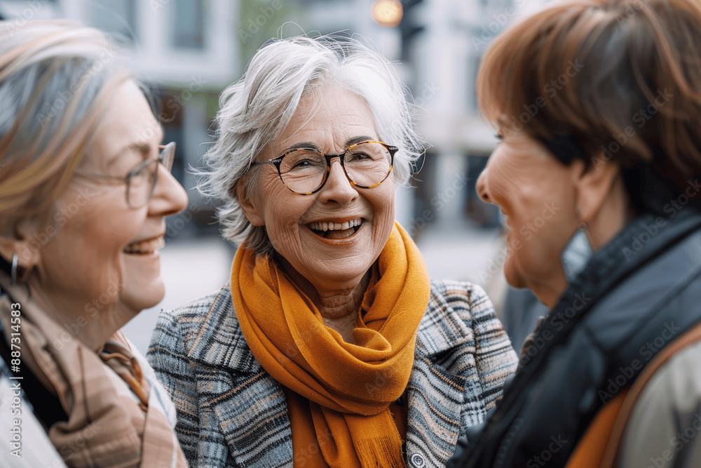 Three senior women friends laughing talking in city high resolution photography ultra realistic skin tone details Three senior women friends laughing talking in city high resolution photography ultra realistic skin tone details