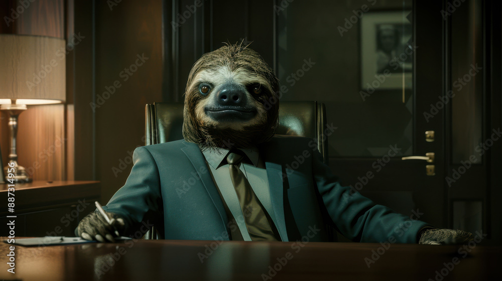 Fototapeta premium Sloth bear in a business suit, sitting at desk in executive room