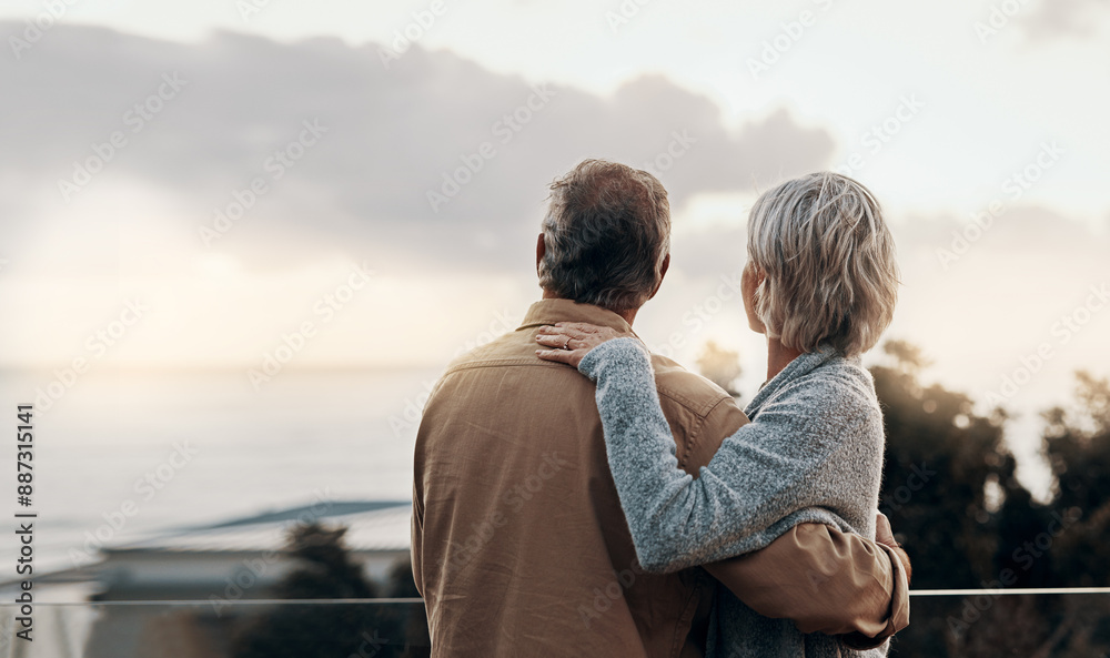 © peopleimages.com - Senior couple, back and hug with balcony for love, embrace or outdoor holiday together at home. Mature man or woman with view of nature in relax or romance for vacation or bonding on terrace at house