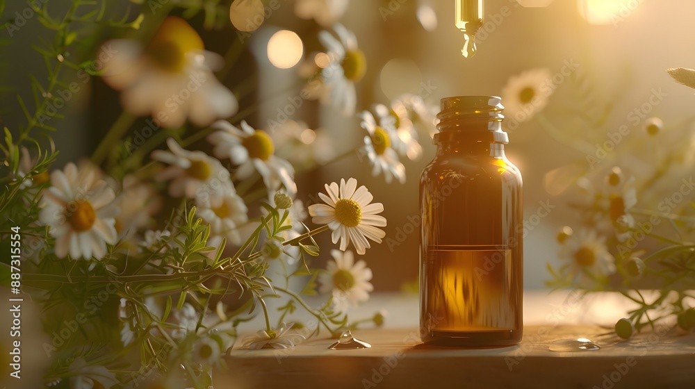 Dripping chamomile essential oil into bottle on blurred background. Dripping chamomile essential oil into bottle on blurred background.