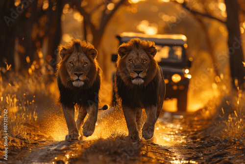 Lions on African Safari Road at Sunset with Jeep Lions Walking in Savanna South Africa Wildlife Safari Travel photo