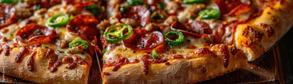 Close-up of a delicious pepperoni pizza topped with green jalapenos, perfect for culinary illustrations or food advertisements. Close-up of a delicious pepperoni pizza topped with green jalapenos, perfect for culinary illustrations or food advertisements.