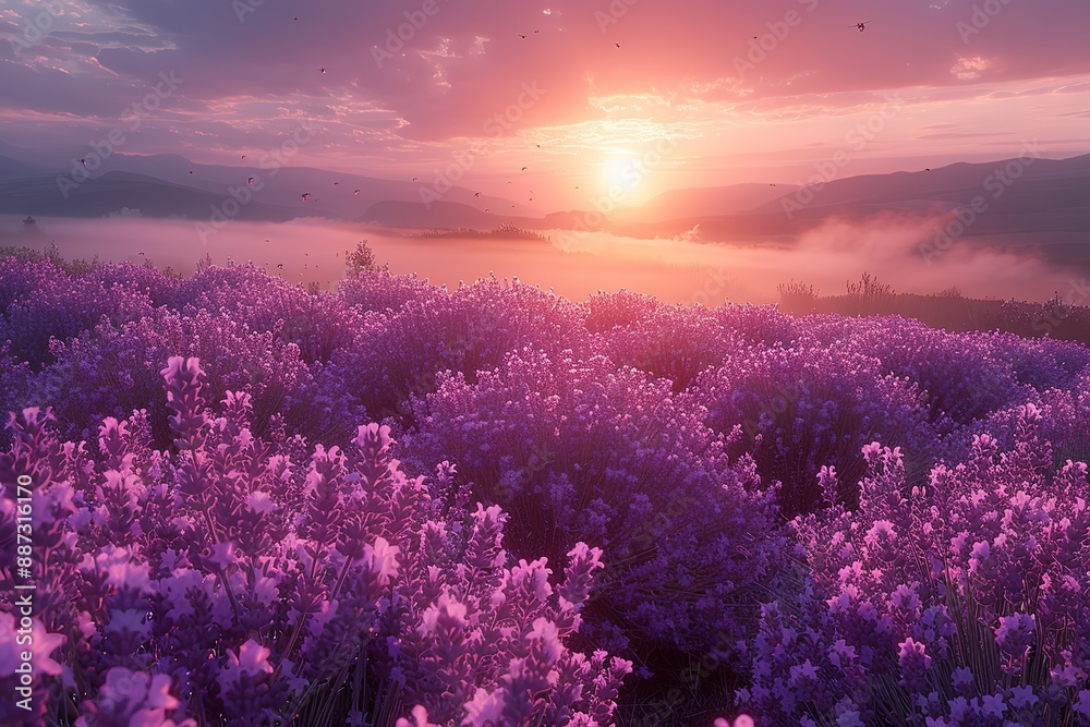 A field of purple flowers with a sun in the background A field of purple flowers with a sun in the background