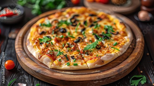 Delicious fresh pizza topped with vegetables on a wooden board, perfect for a cozy meal or food blog post!