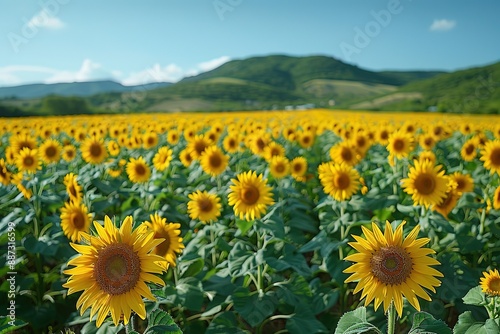 A field of yellow sunflowers with a clear blue sky in the background