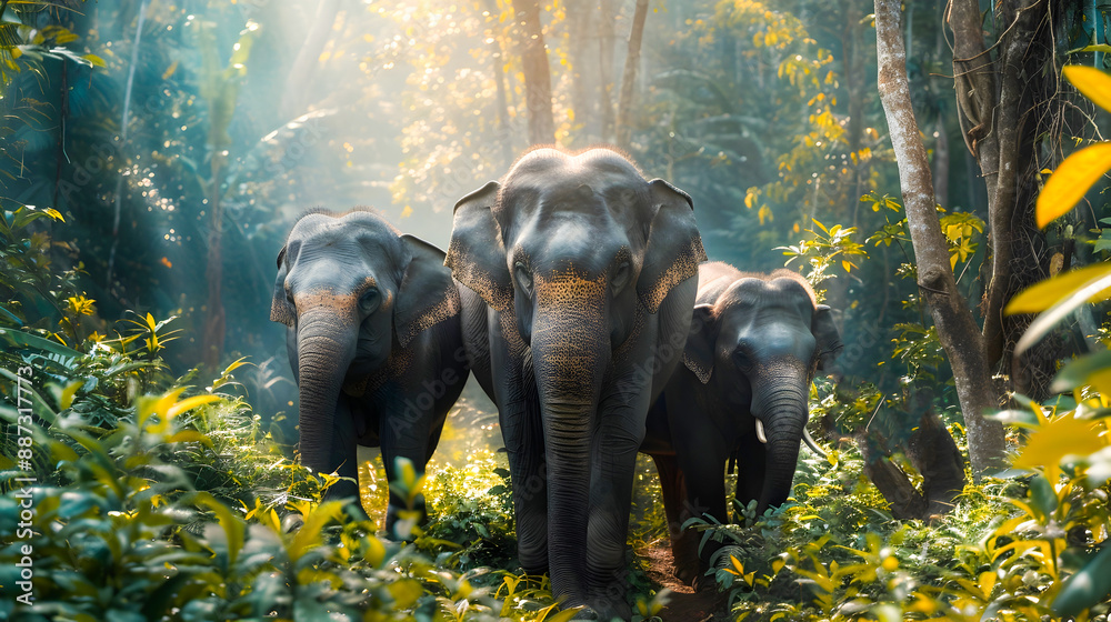 Majestic herd of Asian elephants a family group wandering together ...
