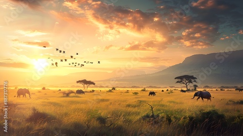 Majestic Savanna Silhouettes   A Stunning Wildlife Scene at Sunset Capturing the Tranquil Essence of the African Wilderness as Animals Roam the Vast Grasslands