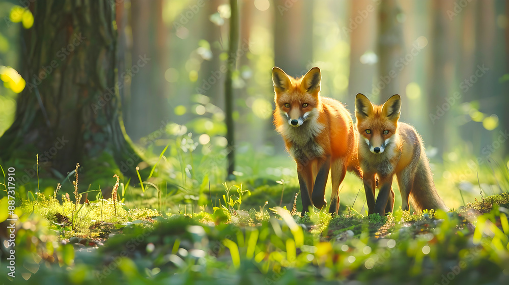 Naklejka premium Two curious and watchful foxes cautiously making their way through a vibrant green spring forest with soft natural light filtering through the lush vegetation