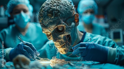 A neurosurgeon performs an operation. Robotic equipment in a modern neurosurgical clinic photo