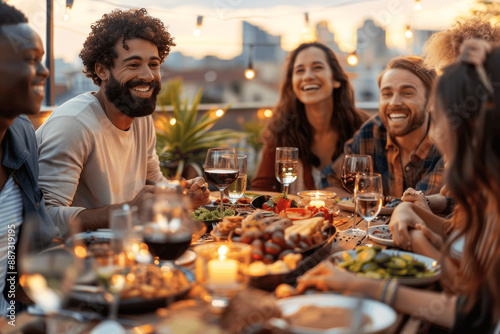 Diverse Friends Laughing at Rooftop Dinner Party with Food and Wine in Evening Light © btiger