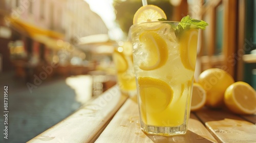 Closeup of lemonade on light brown table in summer