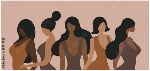 Woman empowerment concept, five different nationality woman, strong together and feminist concept vector illustration