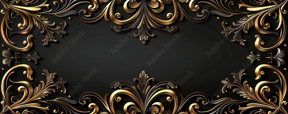 Ornate line frame, complex symmetry, black and gold, vector illustration, sophisticated elegance Ornate line frame, complex symmetry, black and gold, vector illustration, sophisticated elegance