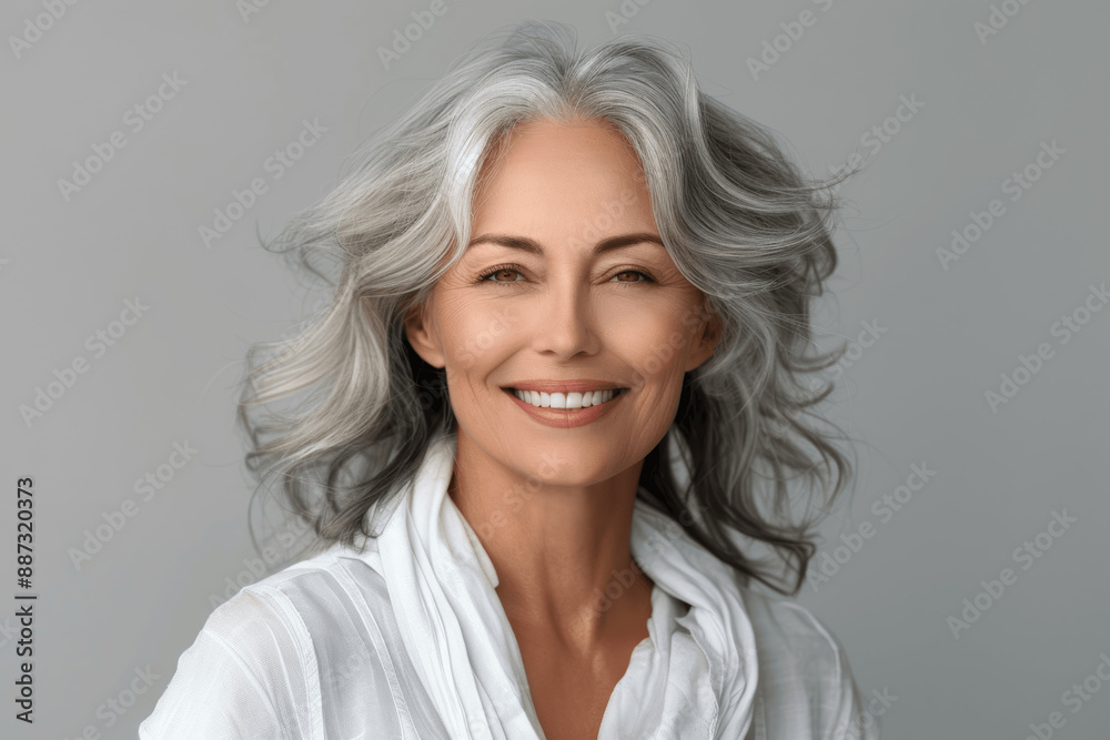 Fototapeta premium Beautiful Smiling Senior Woman with Gray Hair Close-Up Portrait Healthy Face Skincare and Dental Care
