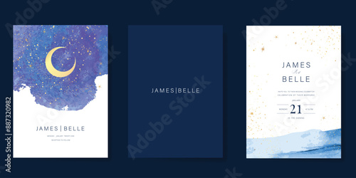 Navy Blue Luxury Wedding Invitation, start invite thank you, rsvp modern card Design in Night sky with  little star moon sun and space decorative Vector elegant rustic template