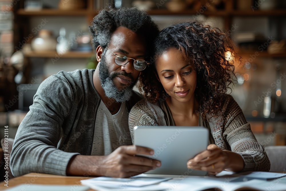 Naklejka premium A man and woman are looking at a tablet together
